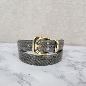 Vintage 80s Gray Genuine Snakeskin Leather Belt with Gold Tone Buckle